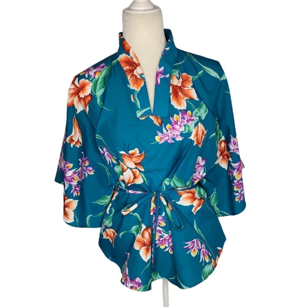 VINTAGE 70s/80s Hilo Hattie's Hawaii blue floral kimono tie shirt S